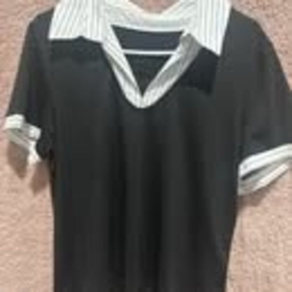 Black & White Pinstripe Collared Blouse Women’s Short Sleeve Office Top